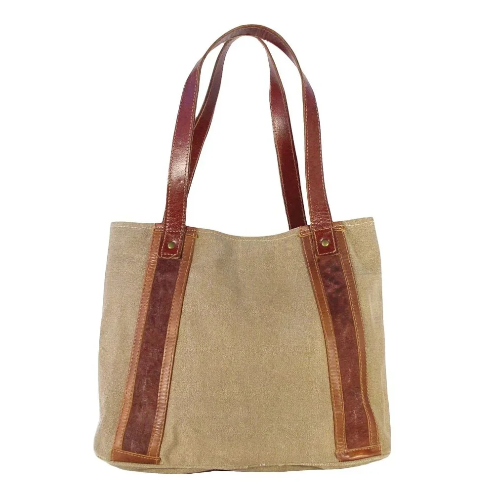 MONA B Upcycled Recycled Canvas and Leather Studded Tote Bag - Picture 3 of 11